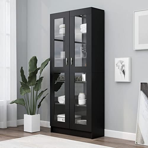 NITCA Vetrina Soggiorno Moderna, Vetrina Espositiva, Armadietto con Vetrina, Libreria Vetrina con 2 Ante e 5 Scomparti, Nero 82.5x30.5x185.5 cm