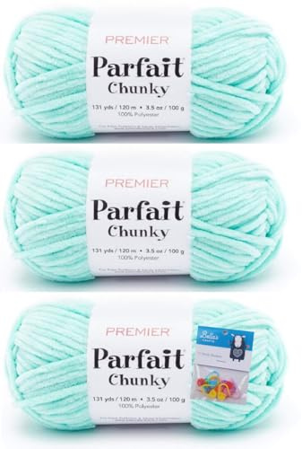 Premier Yarns Parfait Chunky Chenille Yarn 3.5 Oz 6 Super Bulky Weight 3 Pack Bundle with Bella's Stitch Place Holders (Seaglass)