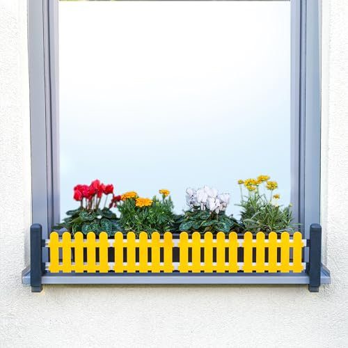 GREEN CREATIONS masu Basisset Anthrazit, Blumenkastenhalterung ohne Bohren, Absturzsicherung, Fensterbank, stufenlos verstellbar 78-140cm (Dekorelemente: Classic, Sonnengelb)