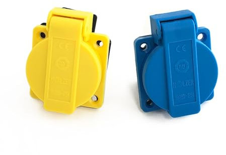 8 Stück/Einbausteckdose Schuko Steckdose 16A mit IP54 / + Flansch Dichtung (4x Blau/ 4x Gelb)
