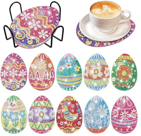 10PCS DIY Dotted Easter Egg Coasters Diamond Paintings Wooden Coasters Diamond Art Cup Coasters Home Decor