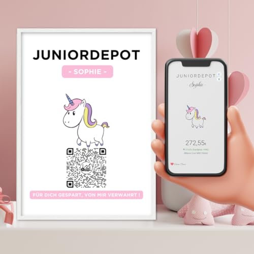 Juniordepot | Personalisiertes Geldgeschenk | Aktie ETF Kryptowährung QrCode Bild | Motiv Einhorn (21x30cm inkl. Rahmen Gold)