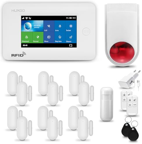 HUXGO® HXA006 Alarme Maison sans Fil WiFi + GSM avec Sirène exterieure sans Fil | Système d'alarme avec détecteur de Mouvement, 12x capteurs de Porte | Kit sécurité Maison, Appartement, Garage