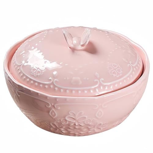 Dowbom Soup Bowl With Lid, Shallow Bowl, Udon Noodle Bowl, Ramen Bowl Ceramic, Pho Bowls Large (Pink,24oz)