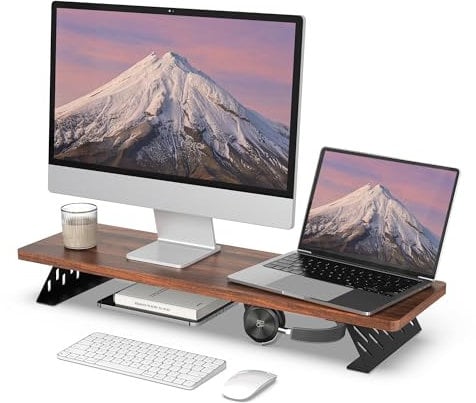 Fenge Soporte de Monitor de Madera con Estructura de Metal, Elevador para Escritorio de Doble Monitor, Soporte para Laptop, Computadora , con Estante de Almacenamiento, L80xW23.5xH10cm, Marrón