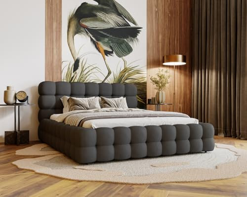 Emporius Doppelbett 160x200 Parlas Bis - Schaumstoff, Design Bett - Polsterbett mit Lattenrost, Kopfteil, Bettkasten - Velvet Stoff (Dunkelgrau - Amor Velvet 4321)