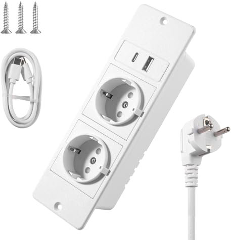 ZIGefofo Toma de Empotrar de Sobremesa con 1 USB y 1 Type-C PD20W Enchufe Empotrable Mesa con Cable de 1,5M Toma Múltiple para Muebles o Superficies de Trabajo, Blanco