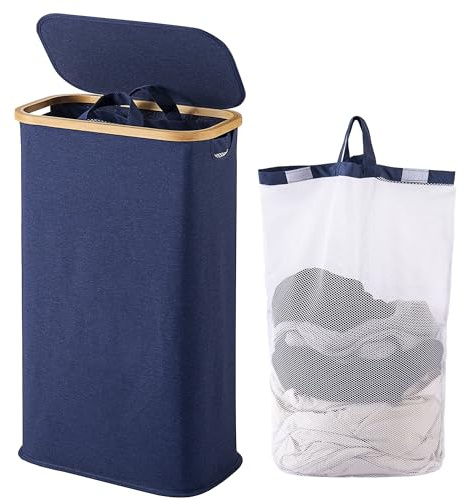 Vencier 60L Slim Laundry Hamper with Lid, Narrow Foldable Laundry Basket with Removable Bag & Bamboo Handles, Thin Dirty Clothes Hamper for Bathroom, Bedroom, Dorm (Blue, 60L)