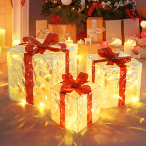 SHTALHST LED Geschenkboxen Weihnachten mit Timer 3er Set, Beleuchtung Weihnachtsdeko Innen mit Fernbedienung, 8 Blitzmodus und Schleifen, Geschenkbox für Weihnachts Dekoration, Party und Geburtstag
