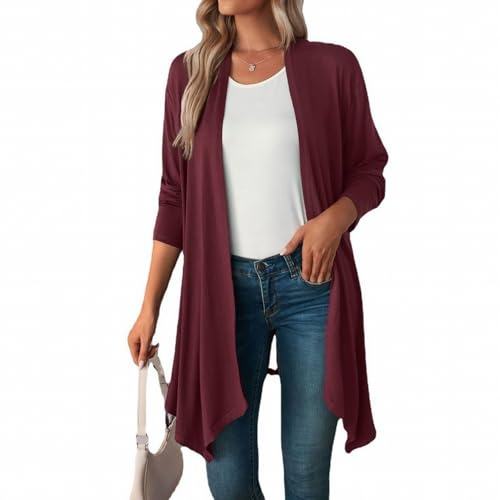 MSIYOW Femme Gilet Long Manches Longues Cardigan Léger Veste Décontractés Couleur Unie (L, Rouge)