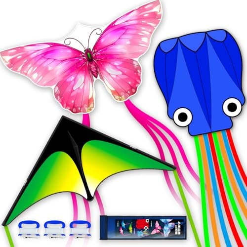 SGftre-3-teiliges Set Schmetterling, Delta und Oktopus Drachen für Jungen und Mädchen und Erwachsene, Leicht zu Fliegen Outdoor Fun Flugdrachen, Perfekt für Strände und Parks