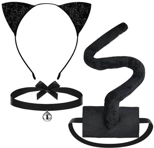 Lilbitty Lot de 3 serre-tête avec oreilles de chat, queue de chat et clochette, noir, costume pour femme, costume de chat pour enfant, accessoire de cosplay pour Halloween et carnaval