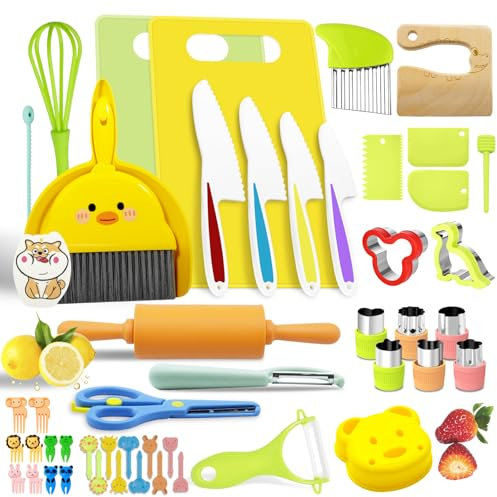 KIMIGO 49 Piezas Juego de Cuchillos para Niños,Utensilios Cocina Montessori para Cortar Frutas Verduras o Masa,Cocina Montessori,Cuchillo Niños,Juego de Cuchillos de Cocina para Niños