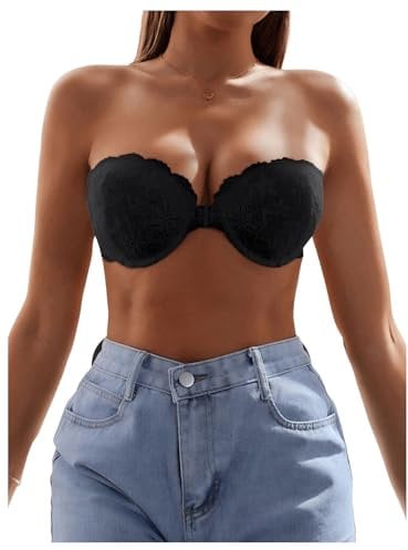 GORGLITTER Women's Strapless Underwire Front Fastening Bras Scalloped Lace Bandeau Bras Black 34B
