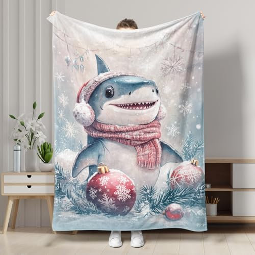 Winter-Hai-Plüschdecke, blau, niedliche Urlaubsdekoration, Überwurfdecke, Weihnachten, weiches Fleece, gemütliche Schlafdecke für Sofa, Bett, alle Jahreszeiten, 127 x 152 cm