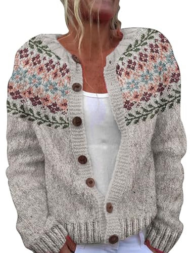 Generic Women's Fair Isle Cardigan - Beige, L, Button Down, Round Neck, Loose, Spring-Summer 18, Cotton-Elastane, Geometric Pattern, Adult, Female
