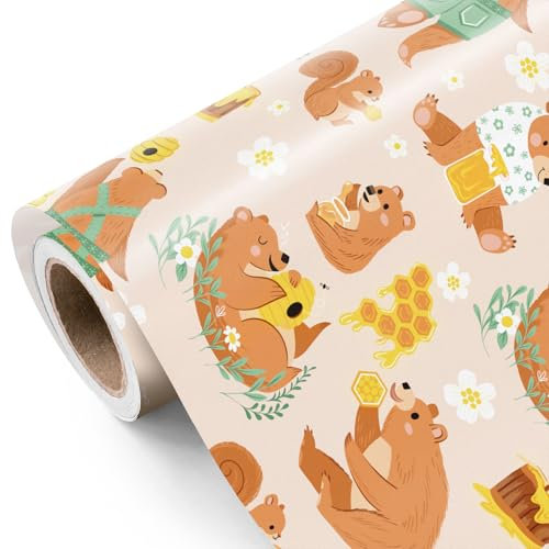 WRAPAHOLIC Geschenkpapierrolle Honigbär – Mini-Rolle – 43,2 cm x 5,2 m – bezauberndes Honigbär- und Eichhörnchen-Design, perfekt für Kindergeburtstag, Babyparty