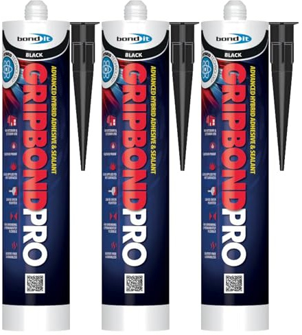 Bond It Gripbond Pro Super Strong Advanced Hybrid Adhesive & Sealant – 3x Black, 310ml | Odourless – High-Modulus – Non-Shrinking – Rapid Curing | Over-Paintable – Moist Surface Adhesion Sealant