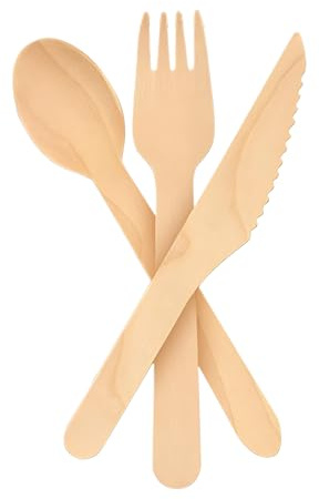 CaterCo 300 Set Wooden Cutlery - 100 Forks, 100 Knives, 100 Spoons - Eco-Friendly Biodegradable Birchwood Cutlery - Compostable Utensils for Parties, Picnics, Camping, and Events (300 Pieces Total)