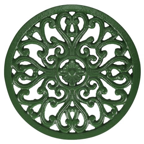 SUMTree 6.7 Round Cast Iron Trivets, Decorative Heavy Duty Hot Pot Holder Mat, Vintage Flower Pattern Cast Iron Trivet with Rubber Pegs for Kitchen Worktops Dining Table (Green)