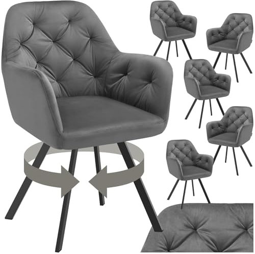 tectake® 6er Set Esszimmerstühle drehbar mit Armlehne, Samtstoff Drehstuhl ergonomisch, Möbel für Wohnzimmer, Stühle für Dining Lounge, Office, als Schminkstuhl oder Schreibtischstuhl - anthrazit