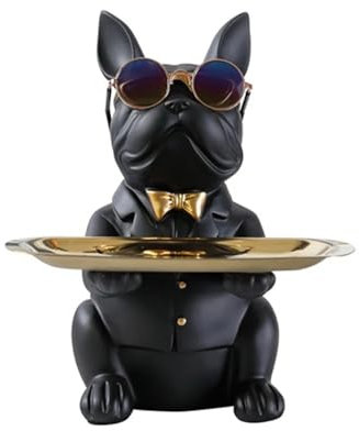 Skulptur Deko Bastelschmuck Hundestatue Butler mit Ablageschale Gläser Wohnzimmer Französische Bulldogge Ornamente Dekoration Kunst Skulptur Handwerk Geschenk(Black Style C)