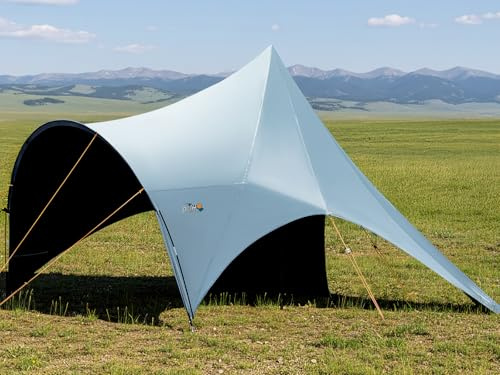 DMH OUTDOORS Große Verdunkelungsplane mit Stangen, wasserdicht, Schattenüberdachung, Zeltplane, Schmetterlings-Design, Unterschlupf für Outdoor, Camping, Hinterhof, inklusive Abspannleinen und