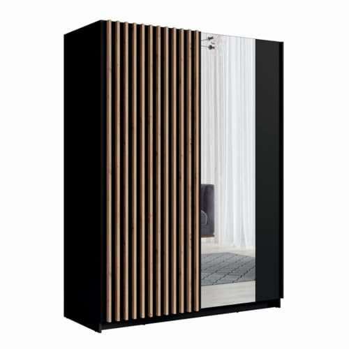 Meublorama Armoire à portes coulissantes avec miroir 200 cm - Noir et chêne - Collection STRANO