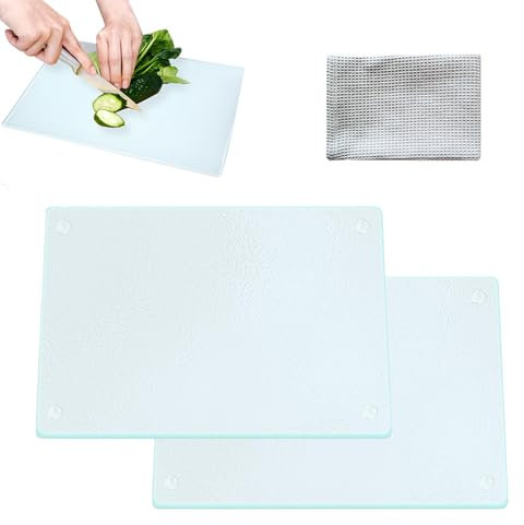 KBIBCK 2PCS Tempered Glass Cutting Board with Rubber Feet, Glass Chopping Board, Rectangle Non-Slip Chopping Board with Scouring pad for Kitchen Countertop, Baking, Vegetable Preparation(20 x28CM)