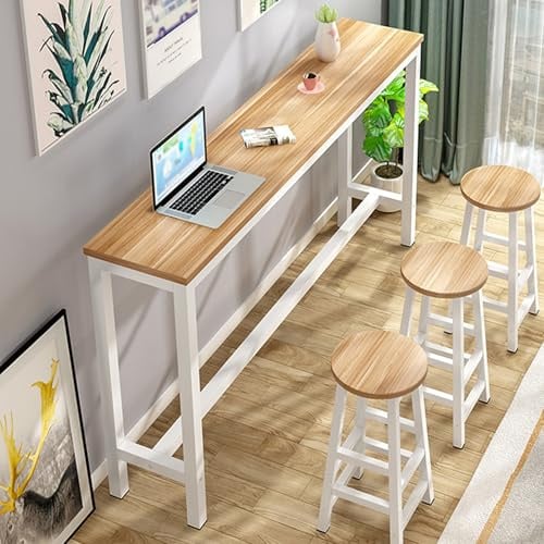 Mesa Alta Bar,Isla Cocina,Mesa Barra Cocina Alta,Barra de Bar para Casa,Mesas Estrecha Comedor,Mesa Auxiliar,con Estructura de Acero Resistente,para Bistro,Cafetería,Jardín,Patio,Sin Taburete(Natural,