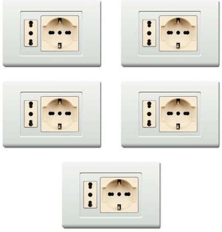 Paquete de 5 placas de tecnopolímero, compatibles con Bticino Magic, 2 módulos/plazas, individual y doble, Schuko, unel, blanco, alta calidad, diseño clásico, para interruptores/enchufes