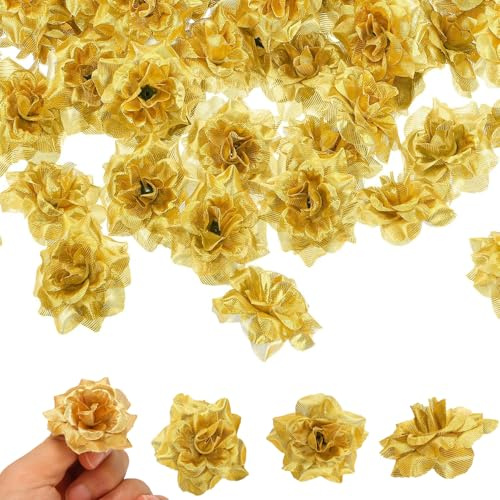 Hanlintk Capi di Rose Dorate - Fiori di Stoffa Leggeri per Matrimonio, Festa e Giorni di Festività | 50 Pezzi per Bouquet da Sposa, Decorazione per Ghirlanda, Alberi di Natale (dorato)