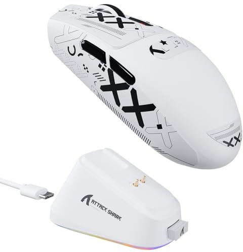 ATTACK SHARK G3PRO Mouse da Gioco Wireless con Dock di Ricarica Magnetico, Sensore PixArt PAW3311, 25000 DPI, BT/2,4 Ghz/Cablato, 100M Clic, 59g Mouse SUPERLEGGERO per PC/Xbox/Mac - Bianco & Tape
