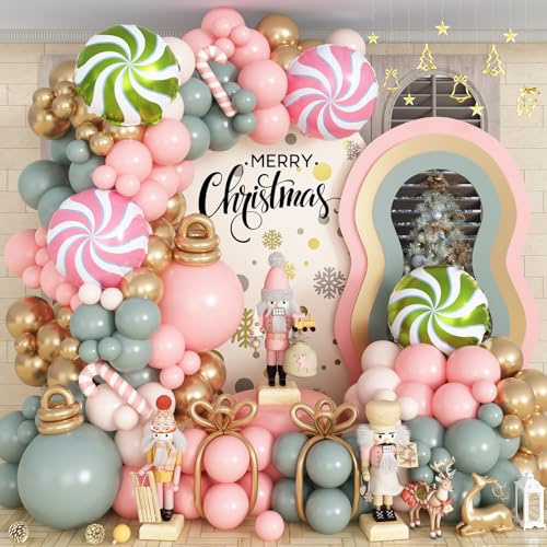 Kit d'arche de ballons de Noël, 112 ballons en latex rose, vert, doré avec canne à l'hélium en feuille Mylar pour décorations de fête de Noël, anniversaire, mariage, Nouvel An
