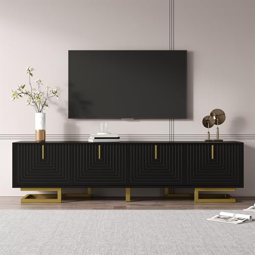 FammyLoft TV Lowboard de 160 cm con 4 puertas texturizadas, elegante gabinete de TV con asas doradas y patas doradas, para sala de estar, color negro