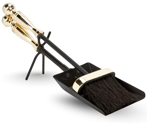 Fireplace Shovel & Brush Set – Heavy Duty Fireside Tool Set for Ash, Coal & Wood Burner – Durable Metal Fire Accessories for Home, Log Burners & Open Fires Black & Brass Brush & Shovel - FIRE98
