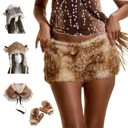 Women Brown Deer Print Faux Fur Shorts,Y2K Casual Fuzzy Animal Print Shorts,Winter Sexy Deer Prints Fuzzy Cap Set Accessories
