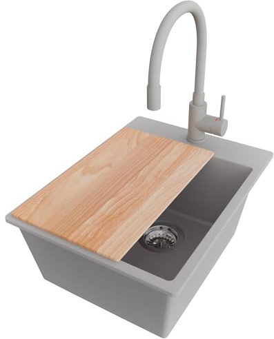 PRIMAGRAN Granitspüle ab 40er Unterschrank + Küchenarmatur, 38x50cm | Set: Küchenarmatur BW6020 + Ablauf-Set (Siphon, Ablaufgarnitur, Überlauf) + Schneidebrett + Spülbecken 1 Becken - Riga, Grau