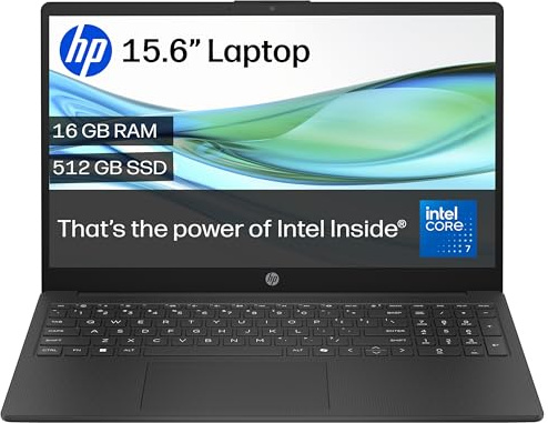 HP 15.6 Laptop | Intel Core™ 7 150U Processor | 16 GB RAM | 512 GB SSD | Intel Graphics | FHD Anti-Glare Display | Windows 11 Home | Fast Charge | Jet Black | 15-fd0006sa