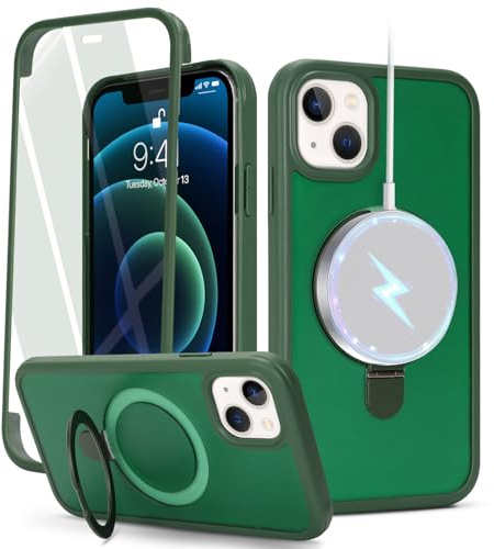 Zouzt Matte for iPhone 13 Mini Case 5.4 Screen Protector, Dark Green | With Stand, 360 Full Body, Translucent Matte, Military Grade Drop Proof, Shockproof Protective, Anti-Fingerprint Phone Case