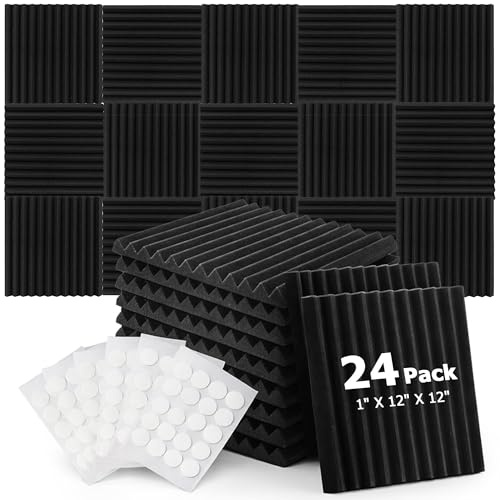 24 Pack Sound Proofing Panels: 30x30x2.5cm High Density | Acoustic Wall Panels with Double-Sided Tape for Recording Studios Offices and Home