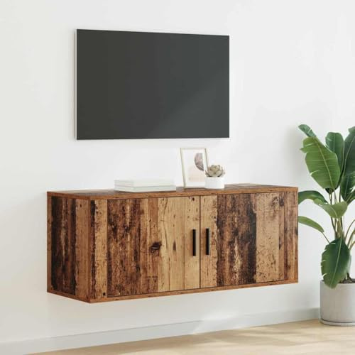 Owoxanthellate Wall Mounted TV Cabinet 100x34.5x40 cm Old Wood Engineered Wood Floating TV Stand with 2 Doors Rustic TV Console for Living Room Bedroom Corridor