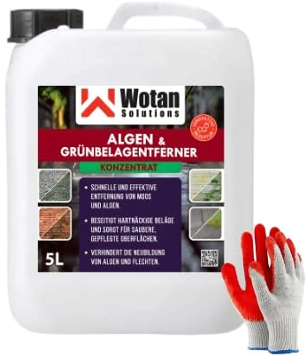 Wotan's 5L Algen- & Grünbelagentferner Konzentrat - Kraftvolle Reinigung für Außenflächen - Entfernt Moos, Flechten & Grünbelag – Inkl. Gratis Arbeitshandschuhe (1x5 Liter)