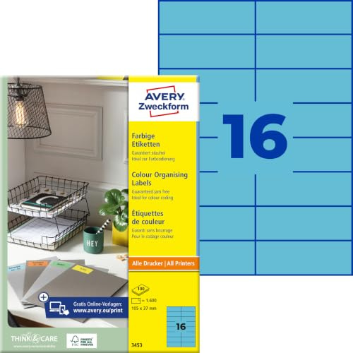 AVERY Zweckform 3453 Blaue Etiketten (1.600 Aufkleber, 105x37mm auf A4, permanent haftend, selbstklebende Farbetiketten, Papier matt, bedruckbare, farbige Klebeetiketten) 100 Blatt
