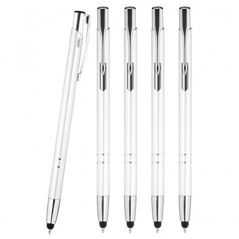 WPRO Stylosa 5er Set 2in1 Touchpen Kugelschreiber Aluminium weiß – feine Spitze, klickbar, universell für Tablet & Smartphone, präzise Eingabe