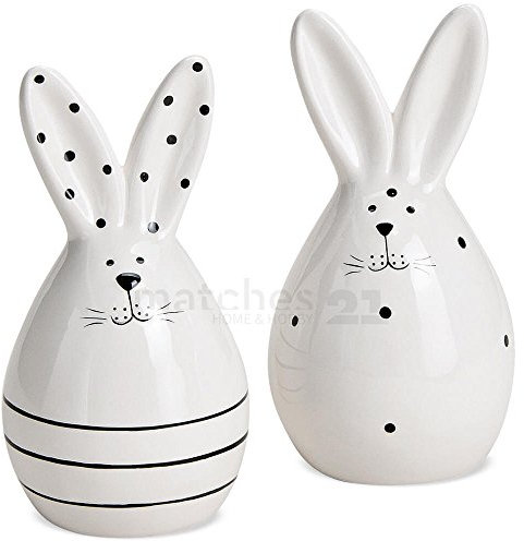 matches21 Osterhasen Hasen Dekoration Ostern Frühling Dekofiguren Porzellan weiß gepunktet 2er Set je 7x14x7 cm