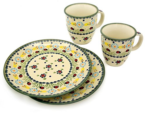 Bunzlauer Keramik Geschirr-Set mit 4 Stück, rot, Geblümt, 2 Bechern 260 ml und 2 Tellern 21,5 cm (Dekor Marienkäfer), Spülmaschinen- und Mikrowellengeeignet