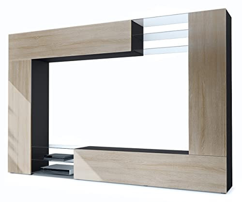 Vladon Wohnwand Mirage, Made in Germany, Anbauwand mit Rückwand mit 2 Türen, 2 Klappen und 6 offenen Glasablagen, Schwarz matt/Eiche Sägegrau (262 x 183 x 39 cm)