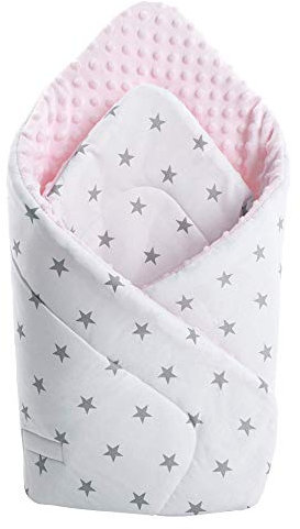 Medi Partners Einschlagdecke Steckkissen Minky 100% Baumwolle 75x75cm Babyhörnchen doppelseitig weich ganzjährig multifunktional antiallergisch Babys (Sterne mit rosa Minky)