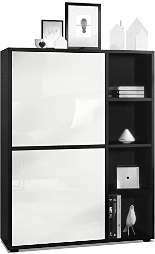 Vladon Highboard Schrank Anrichte Cuba mit 8 Fächern, Made in Germany, Korpus in Schwarz matt/Fronten in Weiß Hochglanz